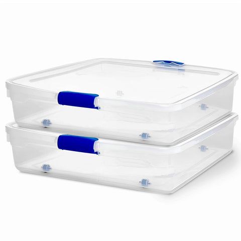 HOMZ under-bed storage bin with blue latch for secure, accessible organization.