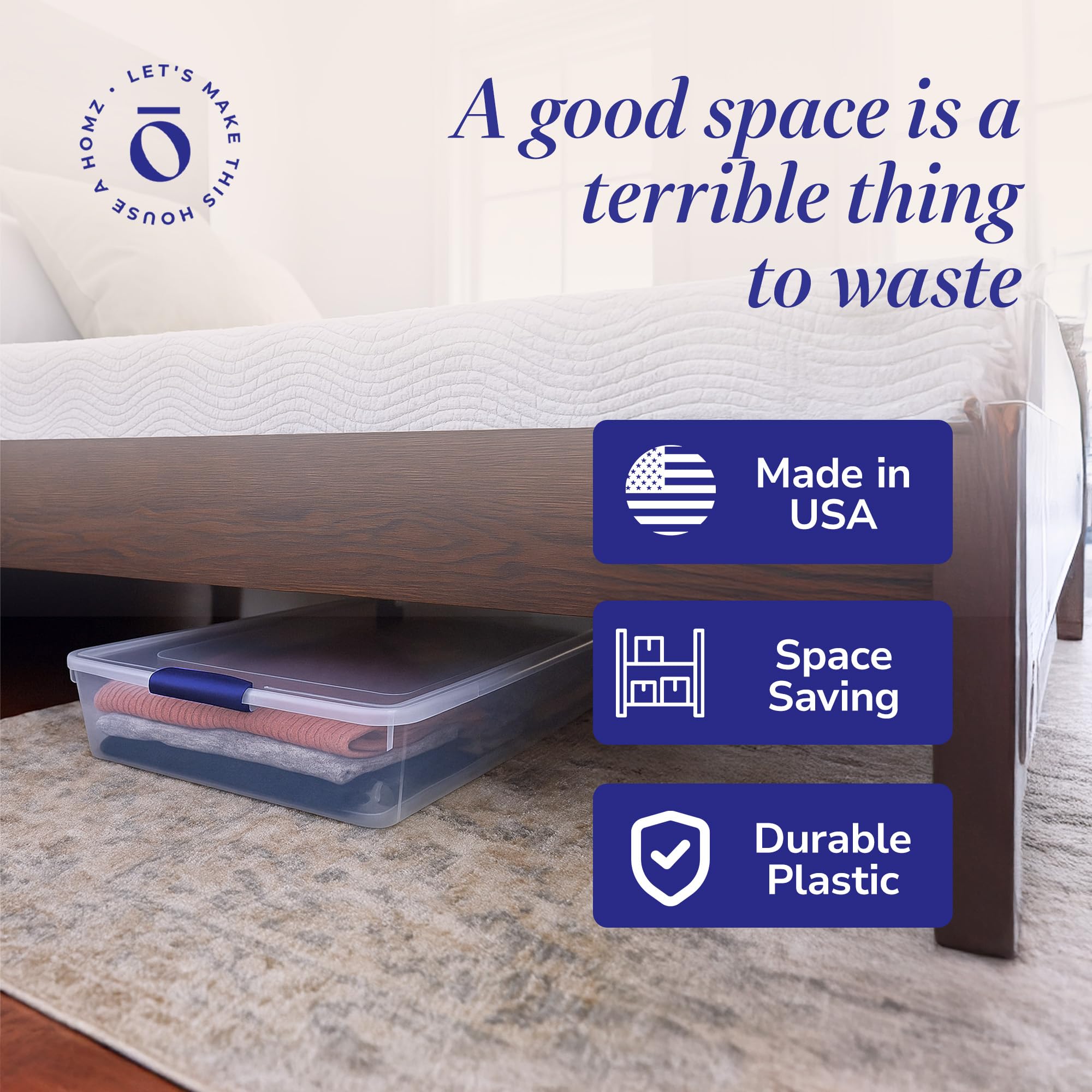 HOMZ under-bed storage bin with 40x20x6-12 dimensions fits under most beds.