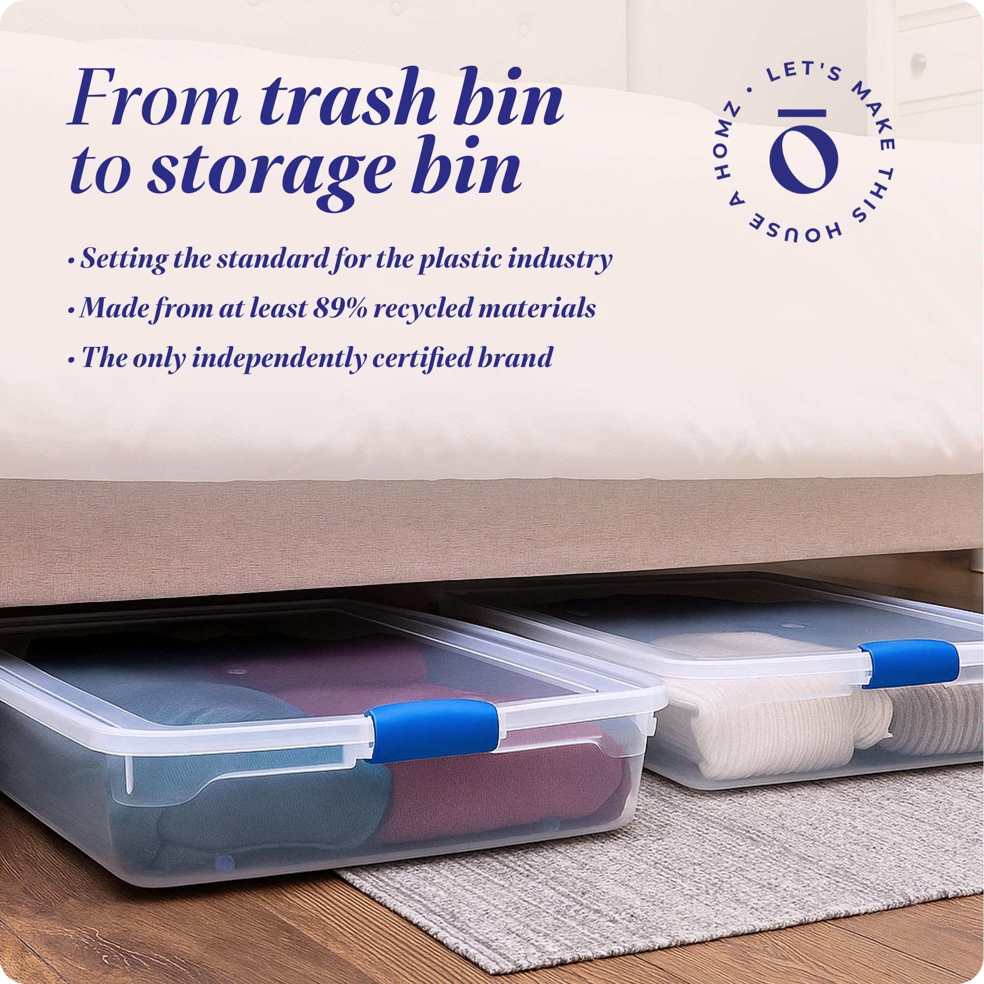 HOMZ towels neatly stored under bed using a clear bin.