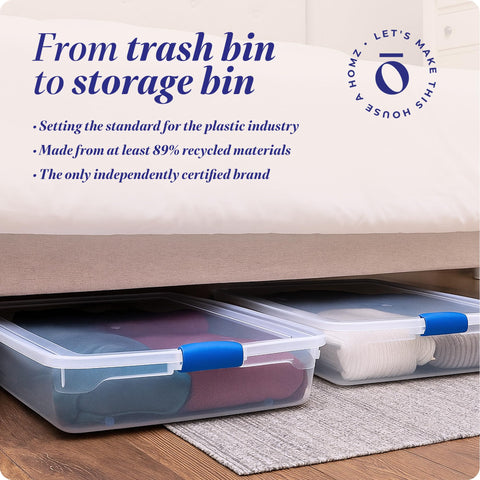 HOMZ towels neatly stored under bed using a clear bin.