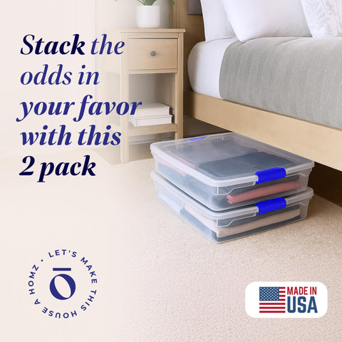 HOMZ stackable clear bin showing contents at a glance for simple closet organization.