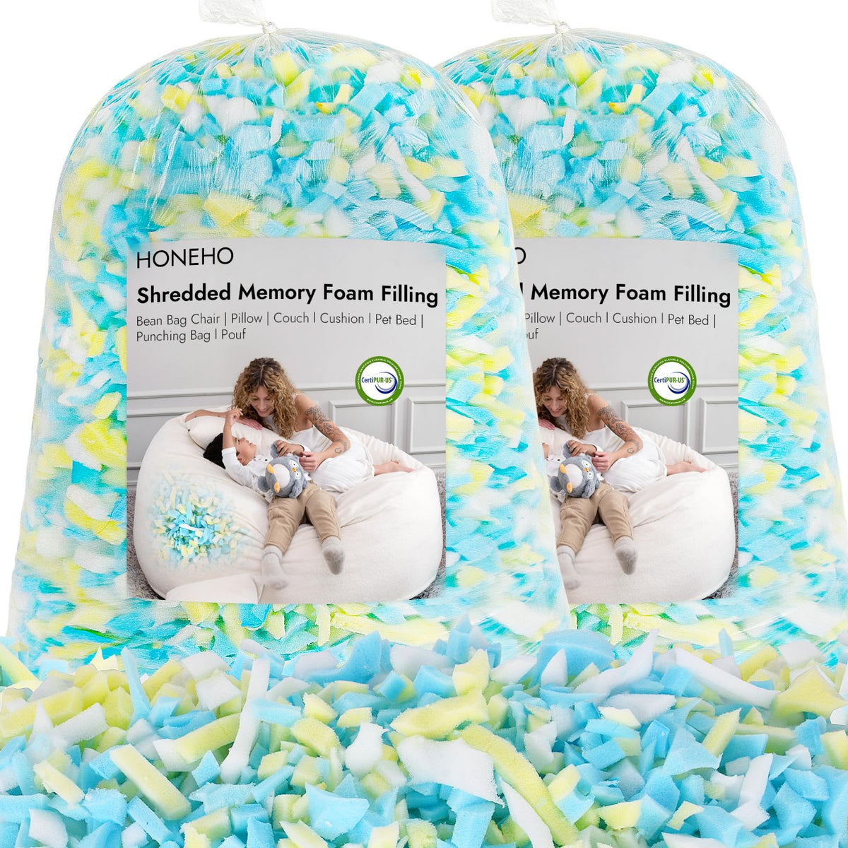 HONEHO shredded memory foam filler pours into a bean bag for soft, responsive comfort