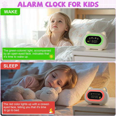 Cat-themed clock signals bedtime with red glow cue for wind-down.