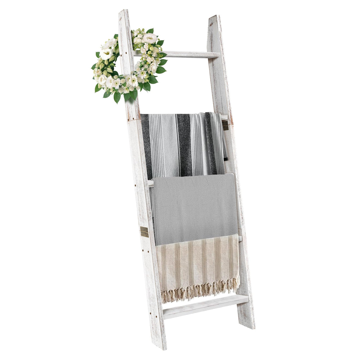 Honest Outfitters blanket ladder 5-tier wall-leaning stores multiple blankets in the living room