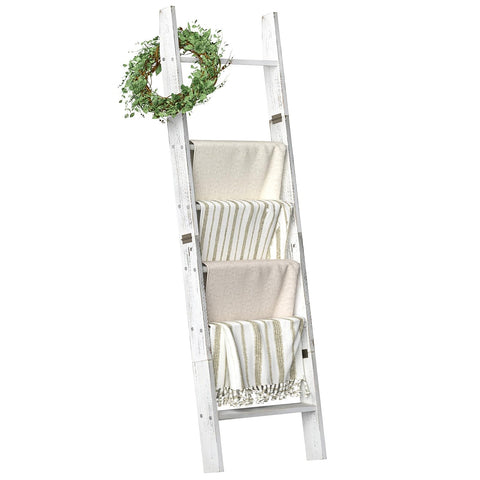 HONEST OUTFITTERS blanket ladder showing white finish with cozy throws in the living room