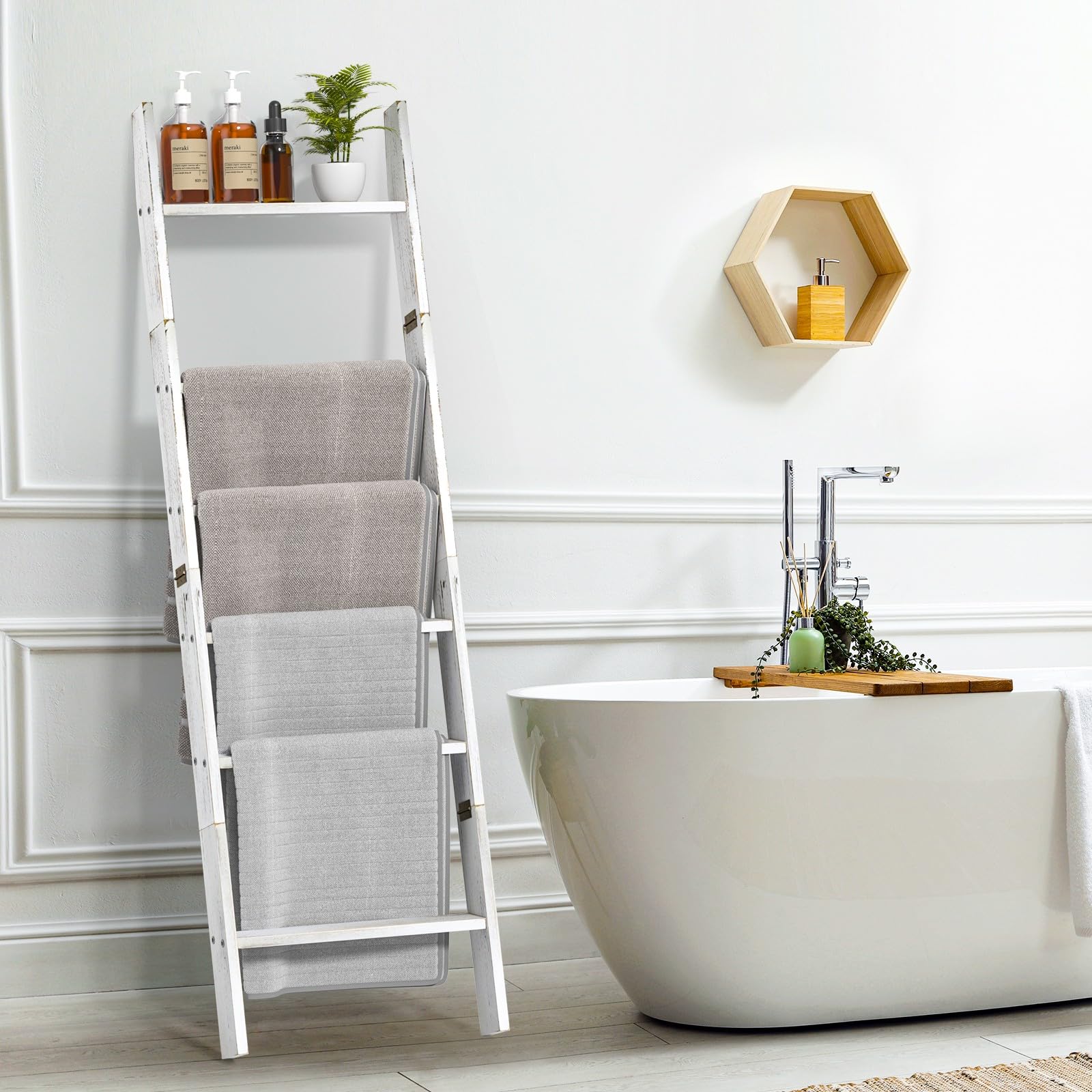 HONEST OUTFITTERS farmhouse decor wooden ladder adding warm style to a room