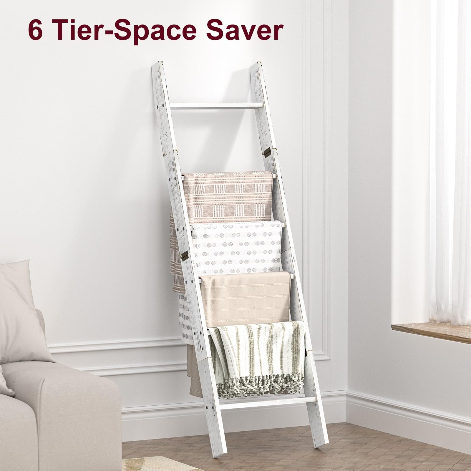 HONEST OUTFITTERS quilt-display ladder arranged in a bedroom for decorative storage