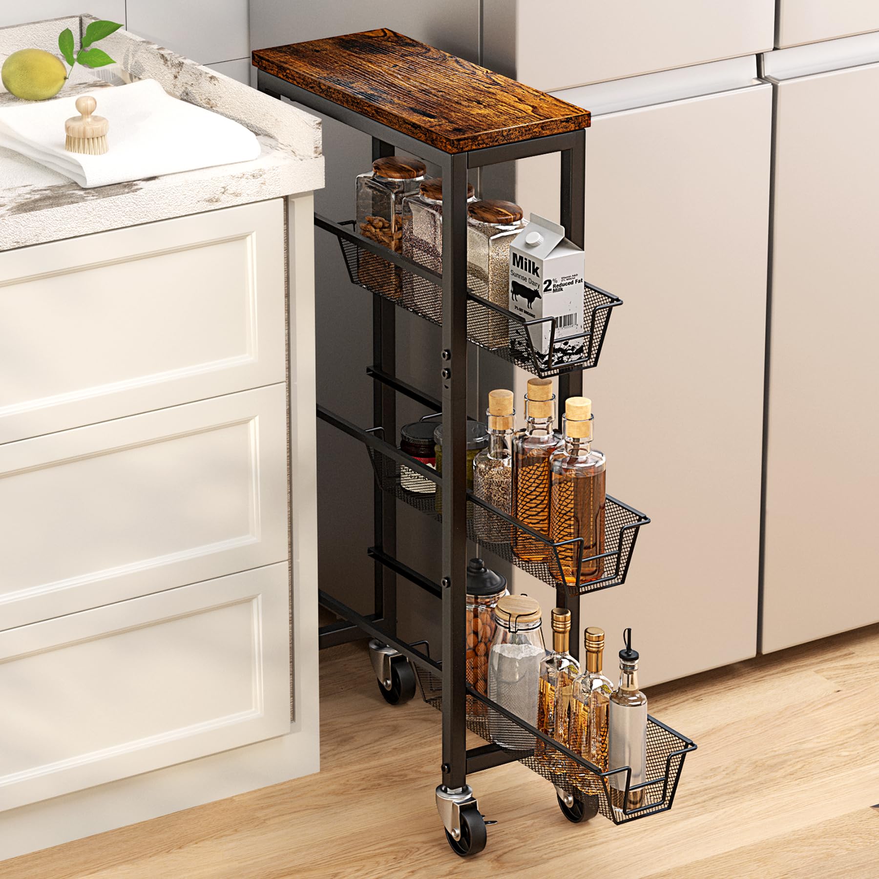 Honest Outfitters Slim Storage Cart with wood top provides sturdy surface for daily kitchen use