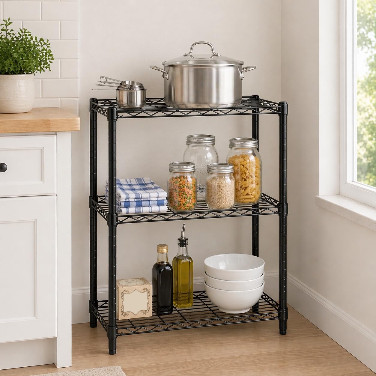Honey-Can-Do shelf shows 250-lb per-shelf capacity for heavy items.