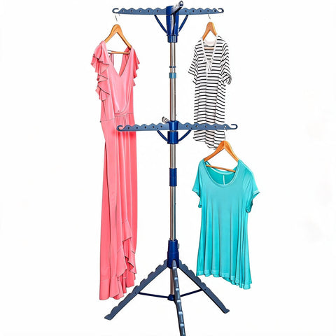 Honey-Can-Do 2-tier tripod drying rack assembled showing compact efficiency for large laundry loads
