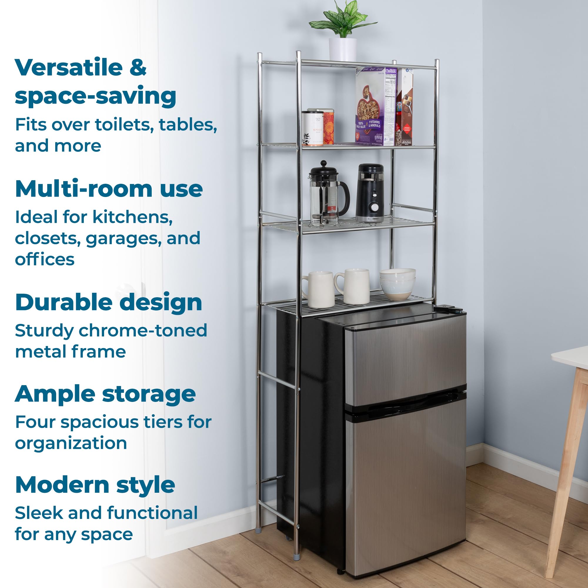 Durable neutral chrome finish on Honey-Can-Do over-the-toilet shelf.