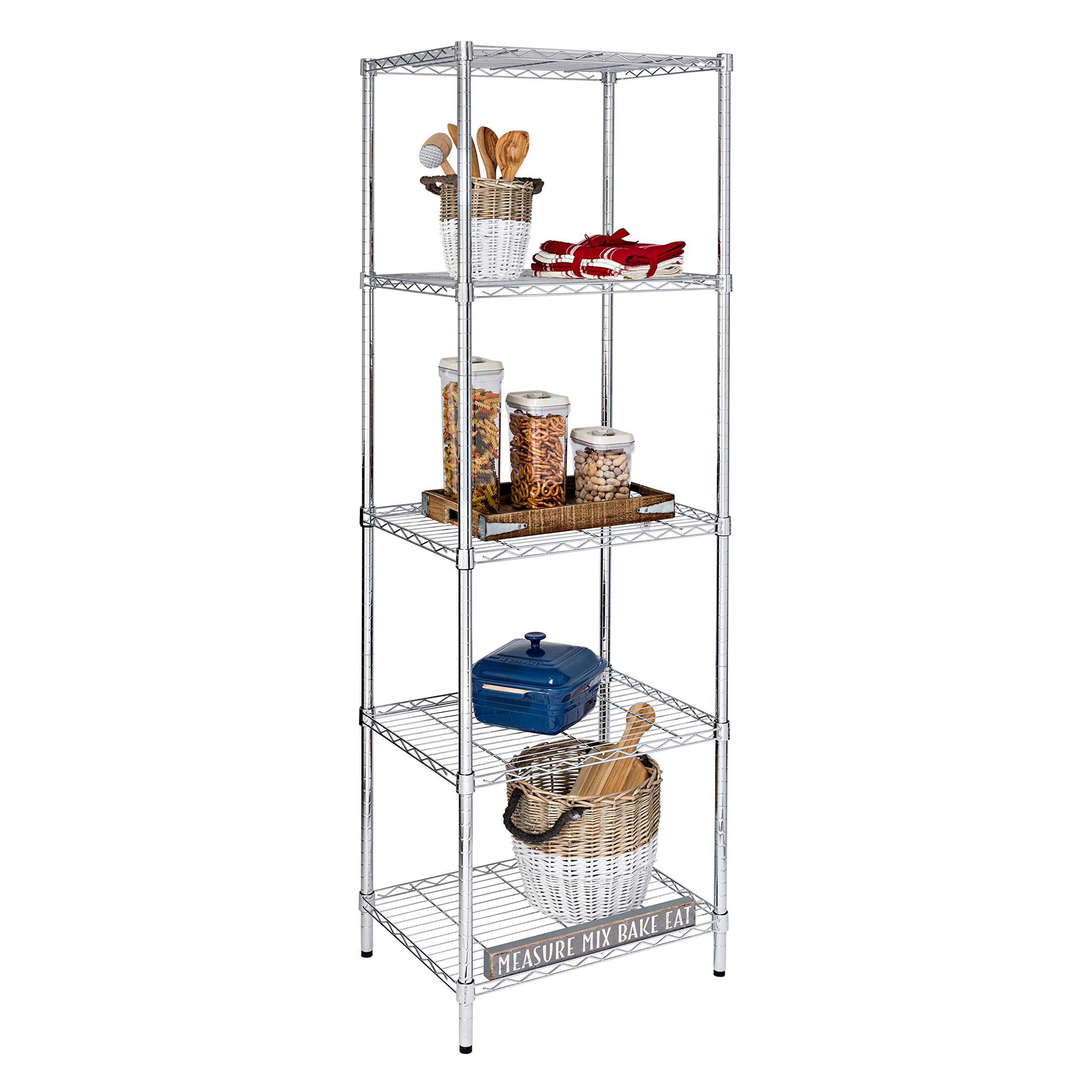 Honey-Can-Do 5-Tier Chrome Shelving Unit assembled for durable kitchen and pantry storage.