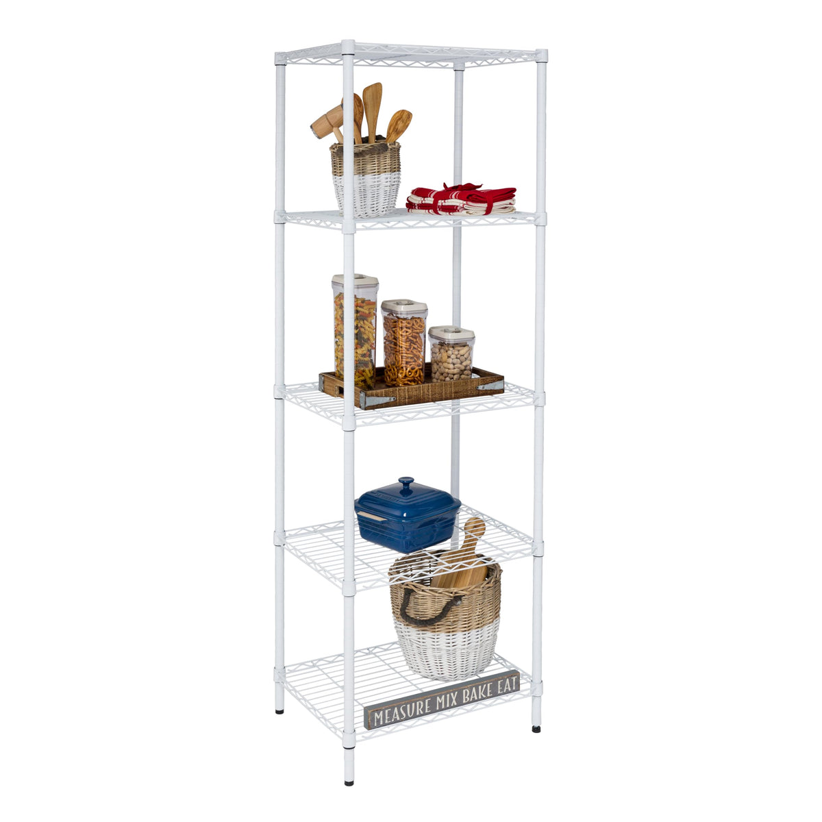 Honey-Can-Do 5-tier white shelving unit in a laundry space for sturdy storage.