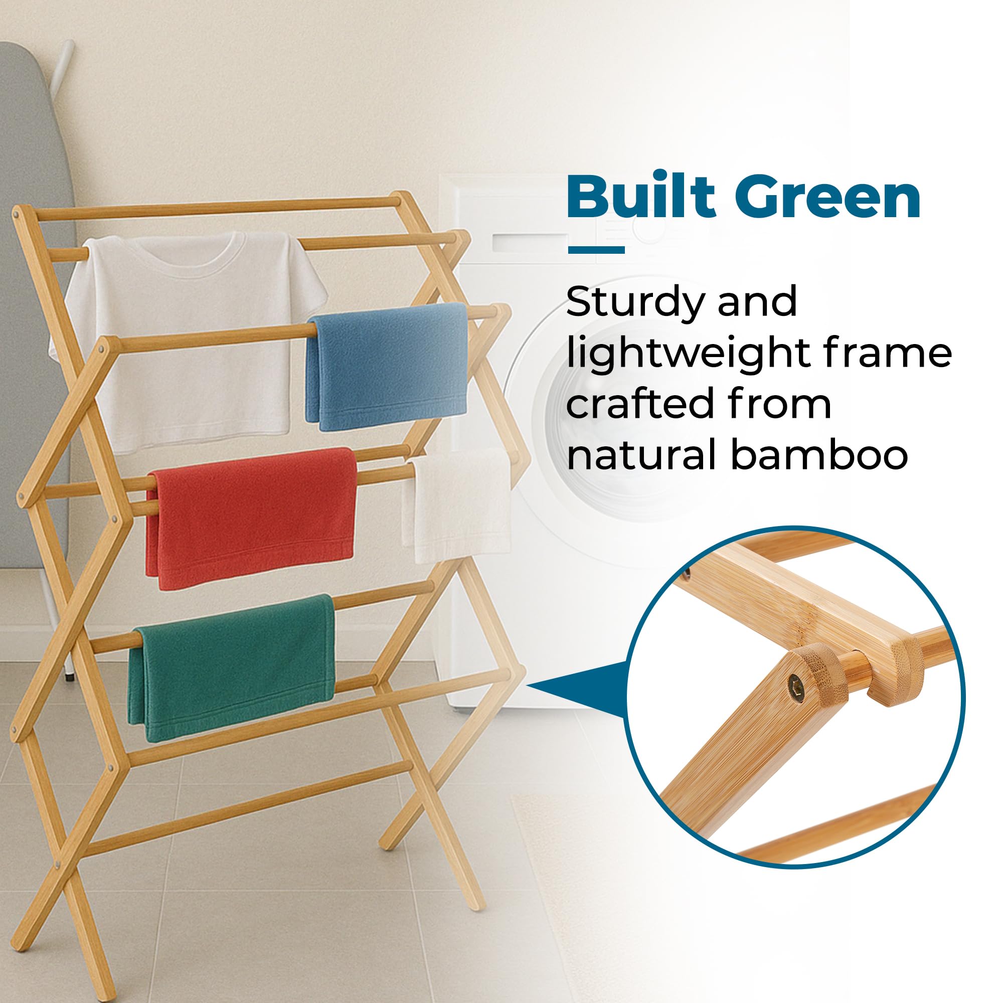 Honey-Can-Do bamboo frame drying rack combines natural style with durable performance.