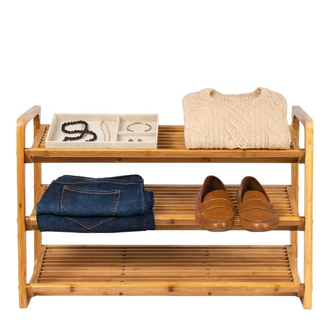 Honey-Can-Do bamboo 3-tier shelf close-up of slatted moisture-resistant surface