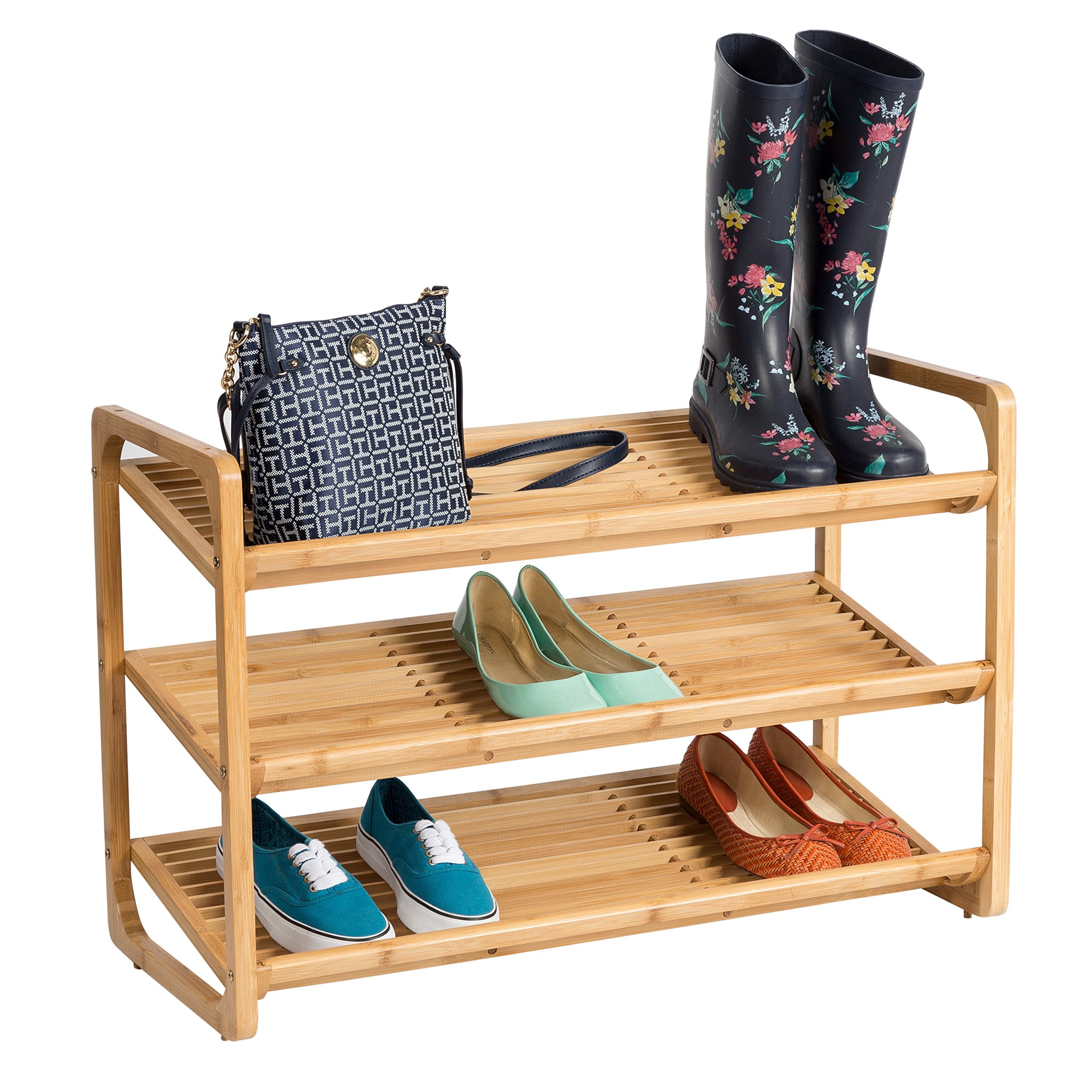 Honey-Can-Do bamboo 3-tier shelf in closet demonstrating organized footwear