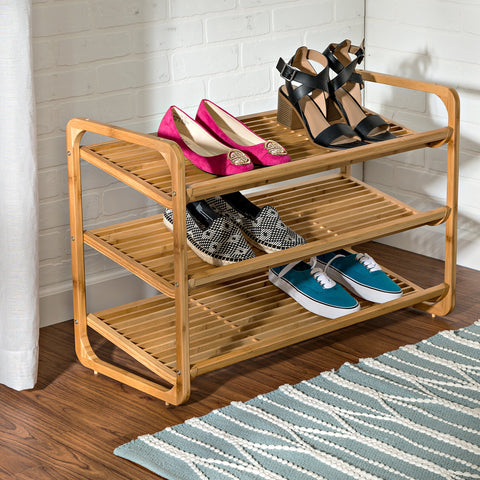 Honey-Can-Do bamboo 3-tier shoe shelf side view highlighting compact storage