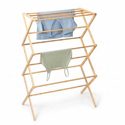 Honey-Can-Do collapsible bamboo drying rack for space-saving indoor air-drying.