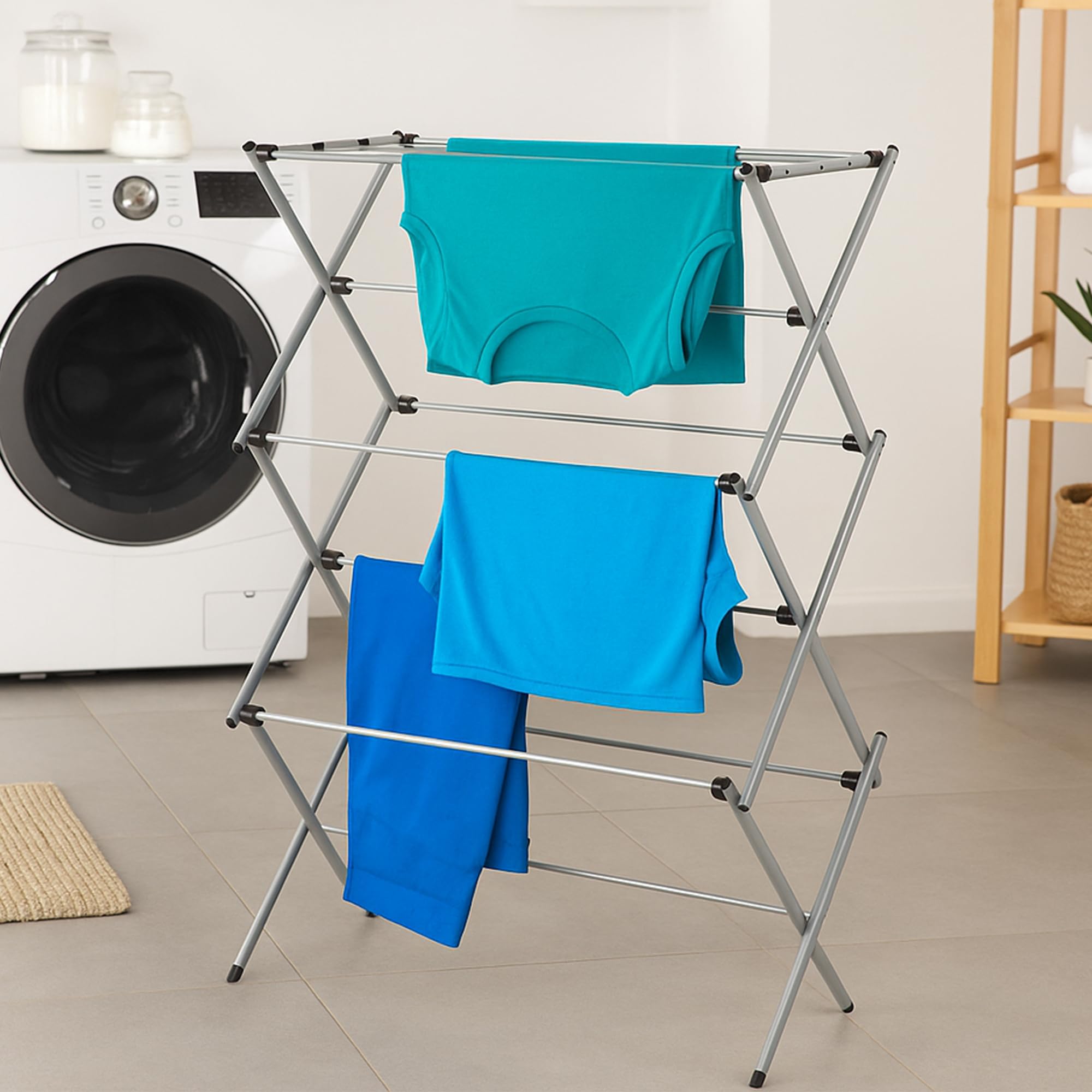 Honey-Can-Do coated steel rack protects delicates while promoting efficient air drying.