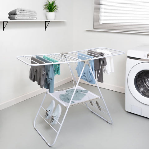 Honey-Can-Do gullwing design expanding to maximize drying space.