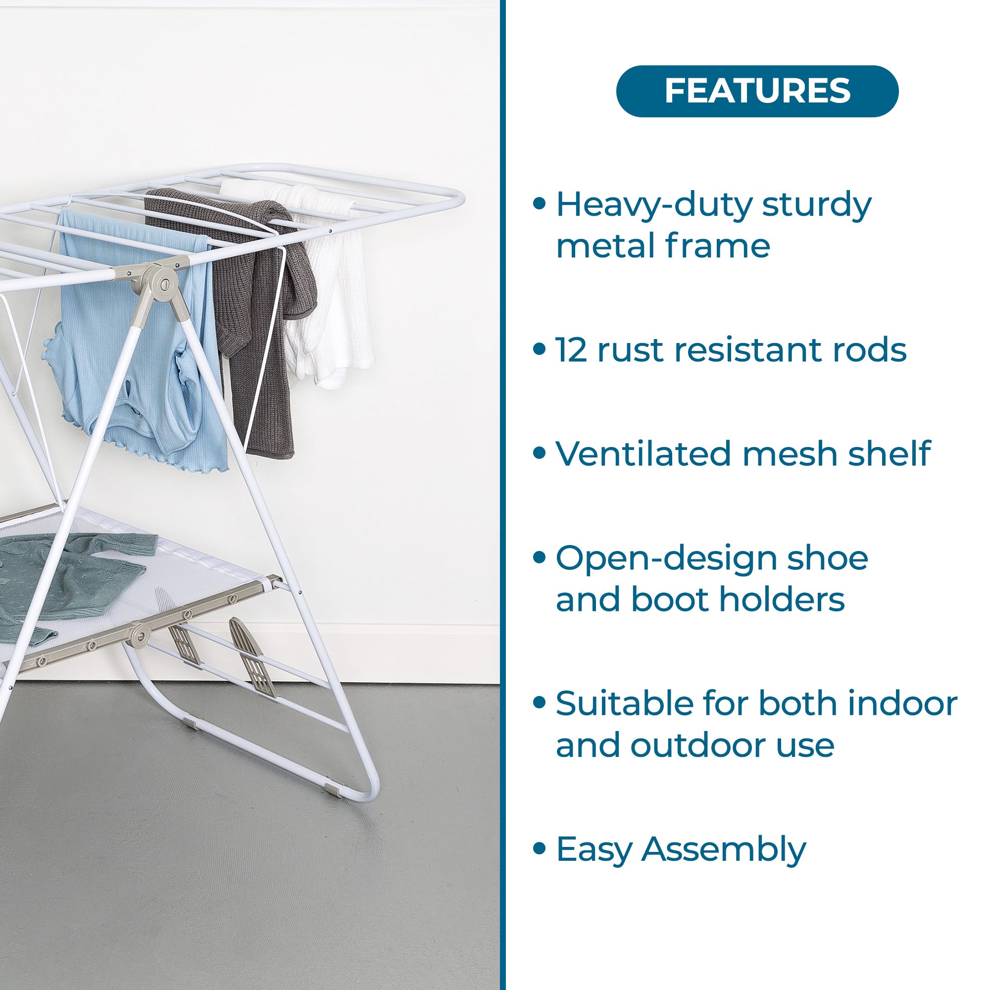 Honey-Can-Do indoor-outdoor rack suitable for balcony or laundry room.