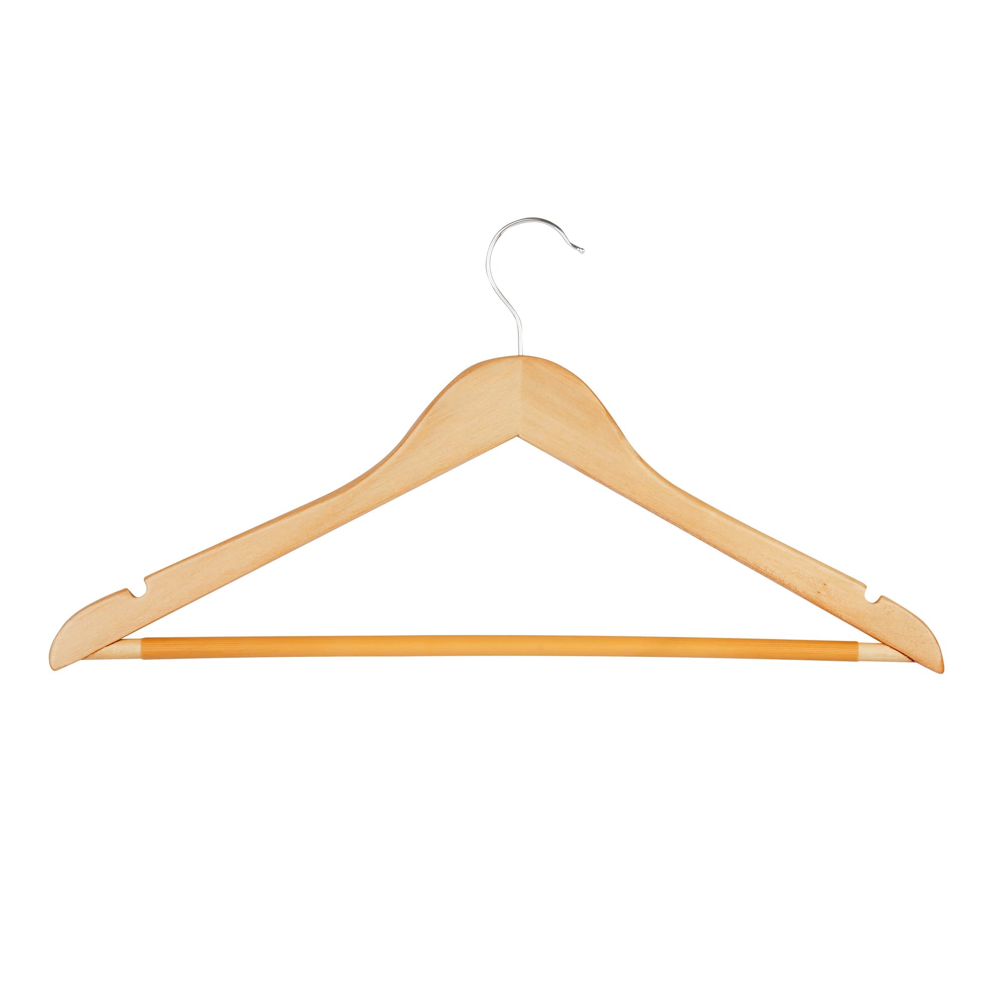 Honey-Can-Do maple wood hanger with non-slip grooved bar keeps shirts in place.