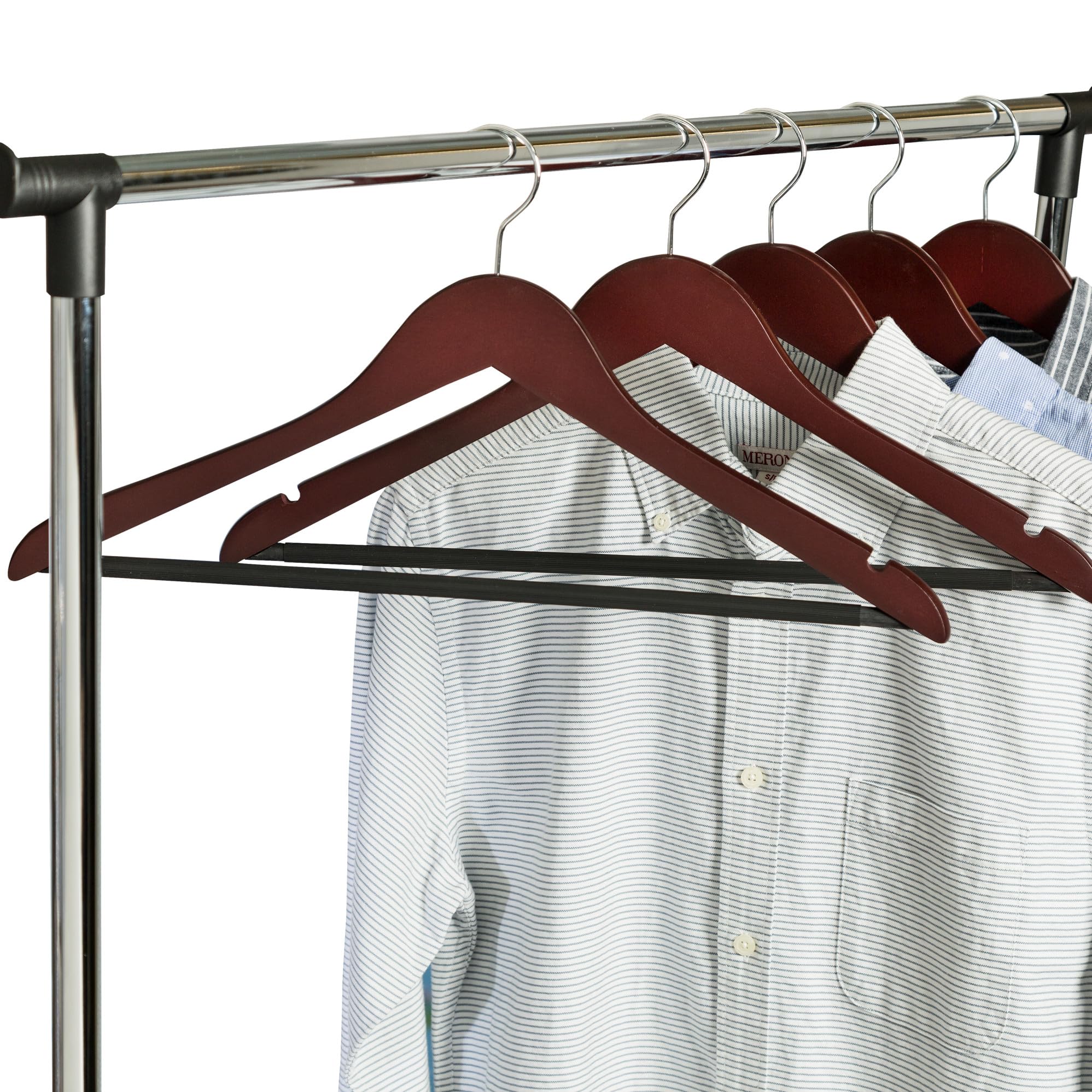 Honey-Can-Do varnished cherry wood adds luxe closet aesthetic.