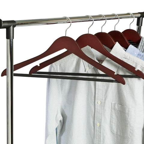 Honey-Can-Do varnished cherry wood adds luxe closet aesthetic.