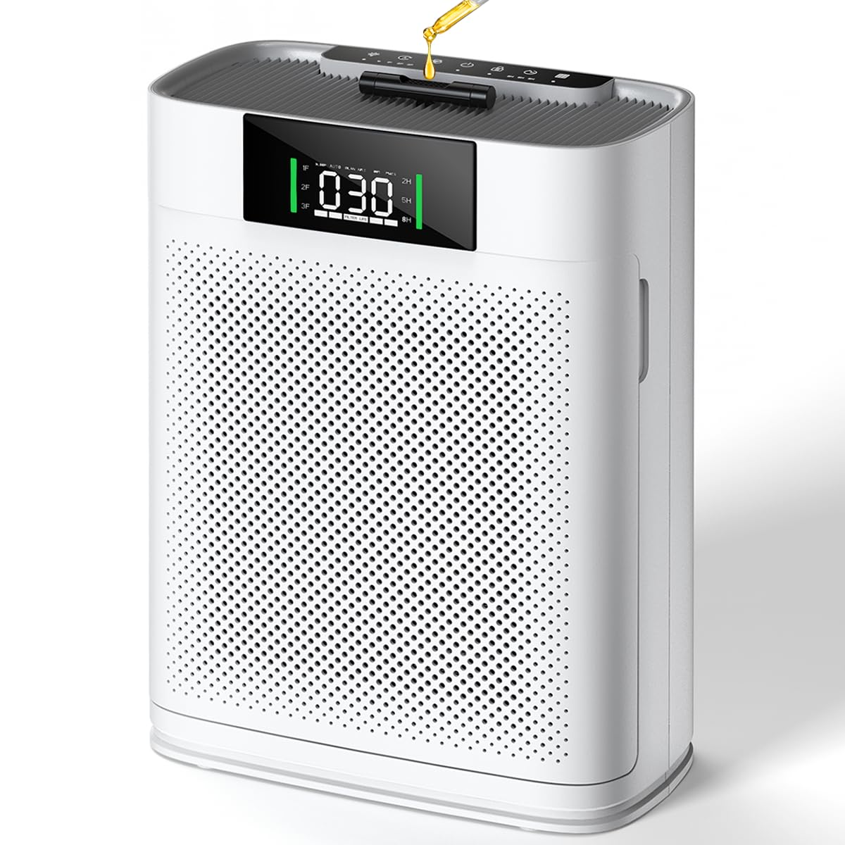 Honeyuan air purifier front view showing broad coverage for large rooms