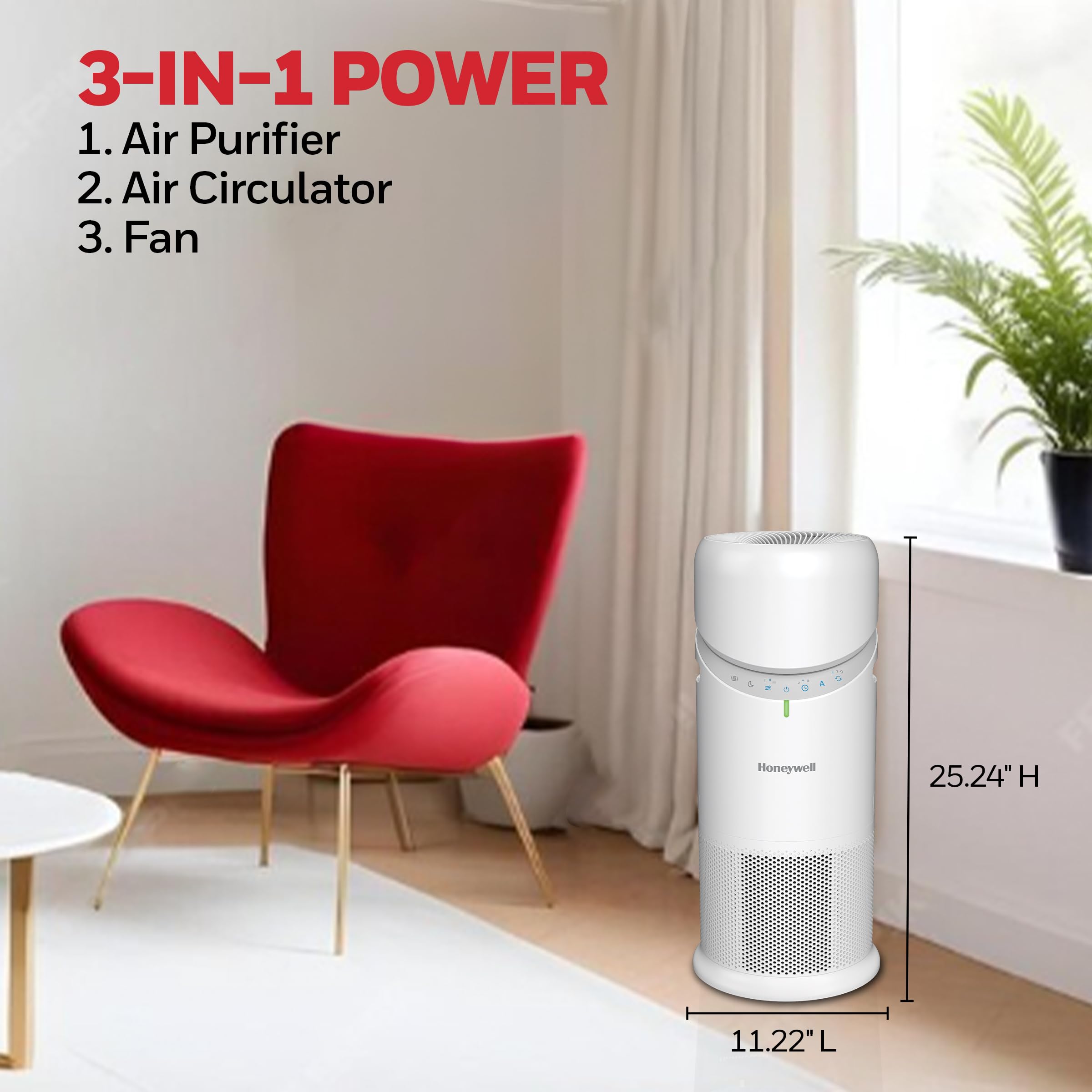 Honeywell Allergen Plus 3-in-1 filtration removes dust, allergens, and odors