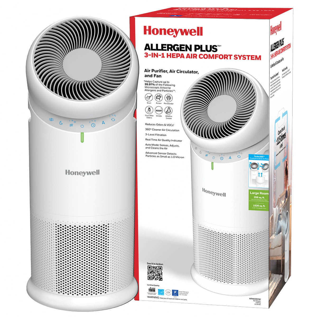 Honeywell Allergen Plus 360° airflow circulates clean air in a large living room