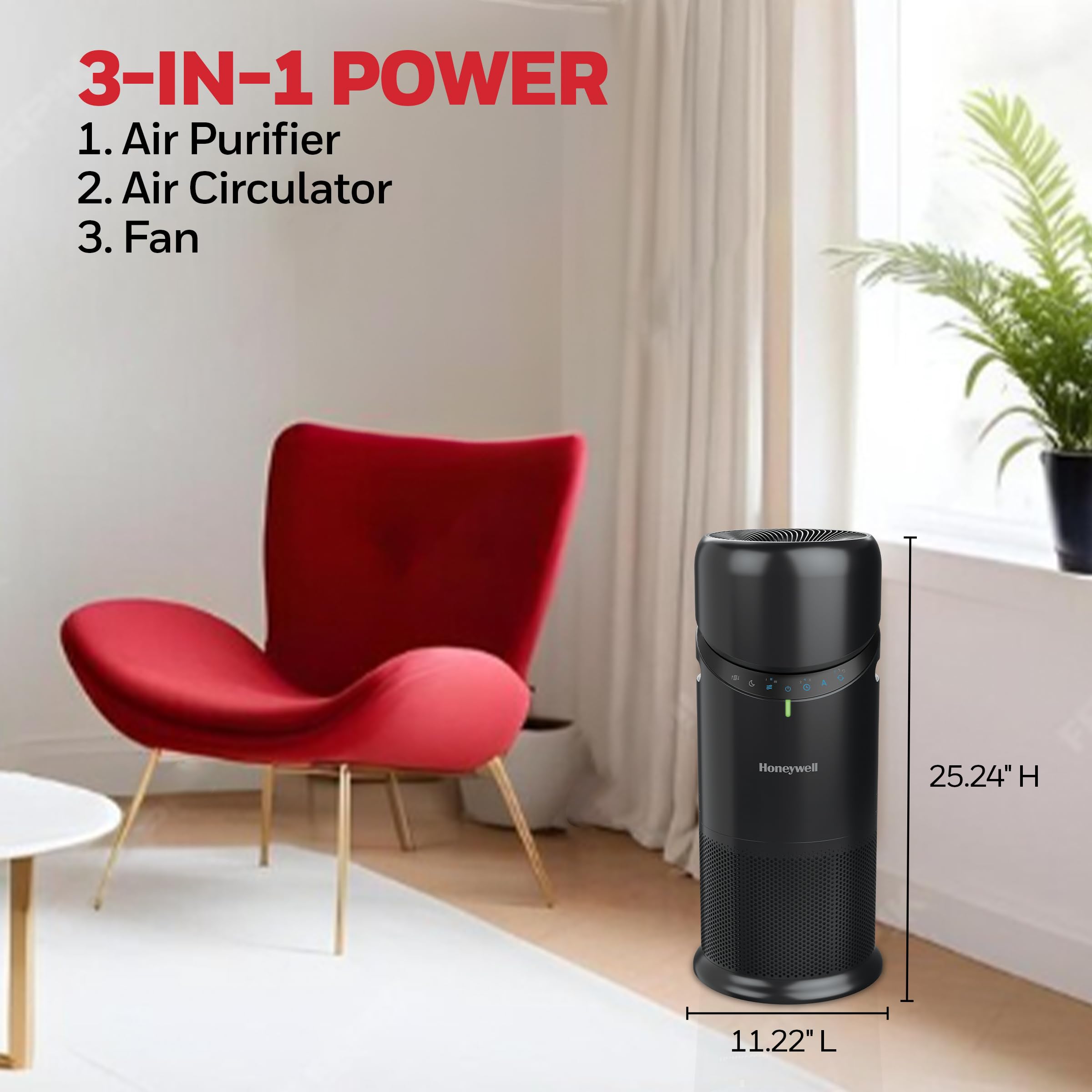 Honeywell Allergen Plus 360-degree airflow evenly distributing purified air.