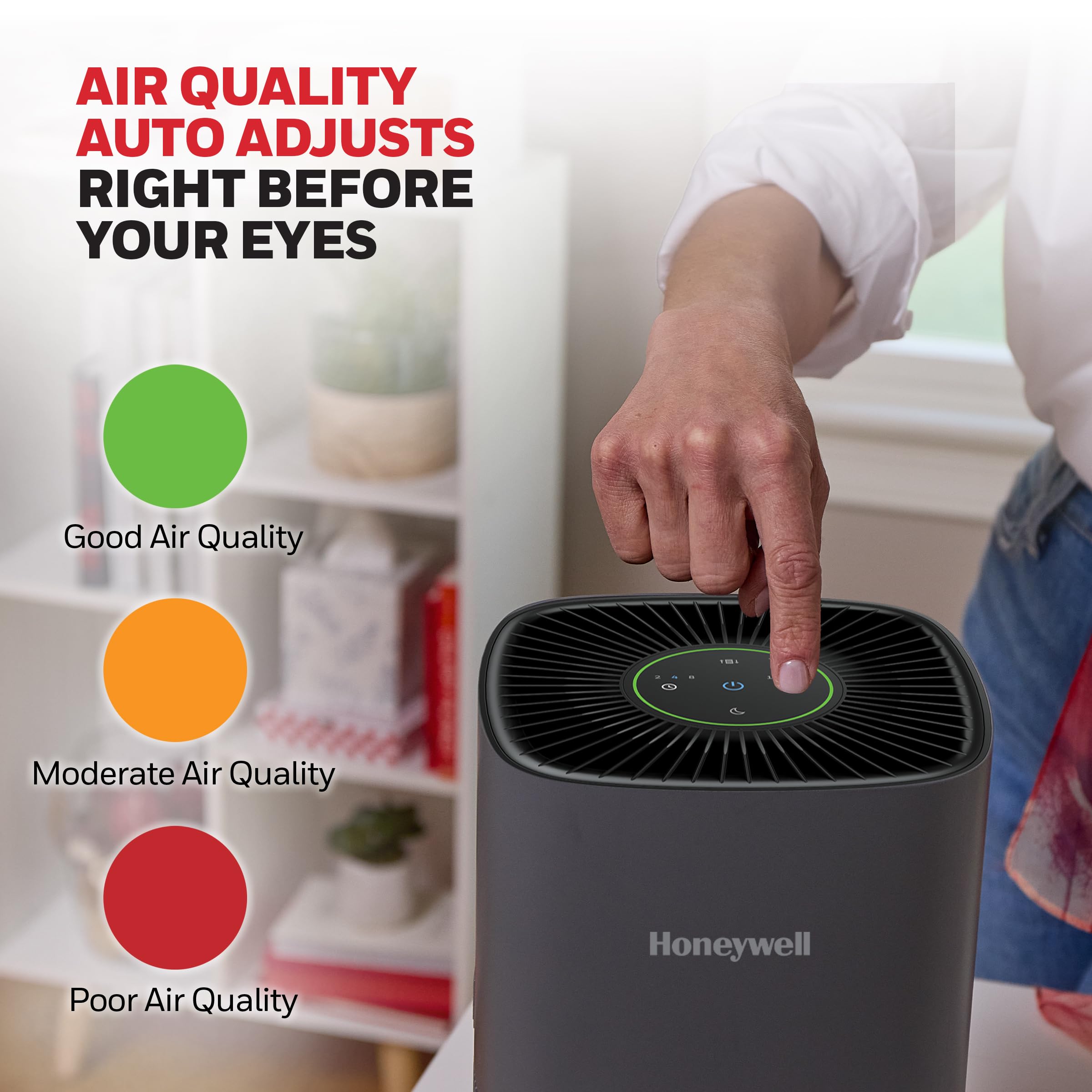 Honeywell Allergen Plus Auto Mode icon indicates automatic fan speed adjustments.