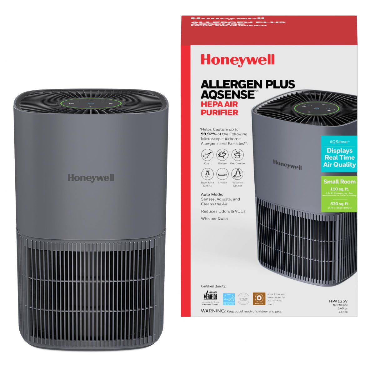 Honeywell Allergen Plus purifier front view shows compact design for bedrooms.