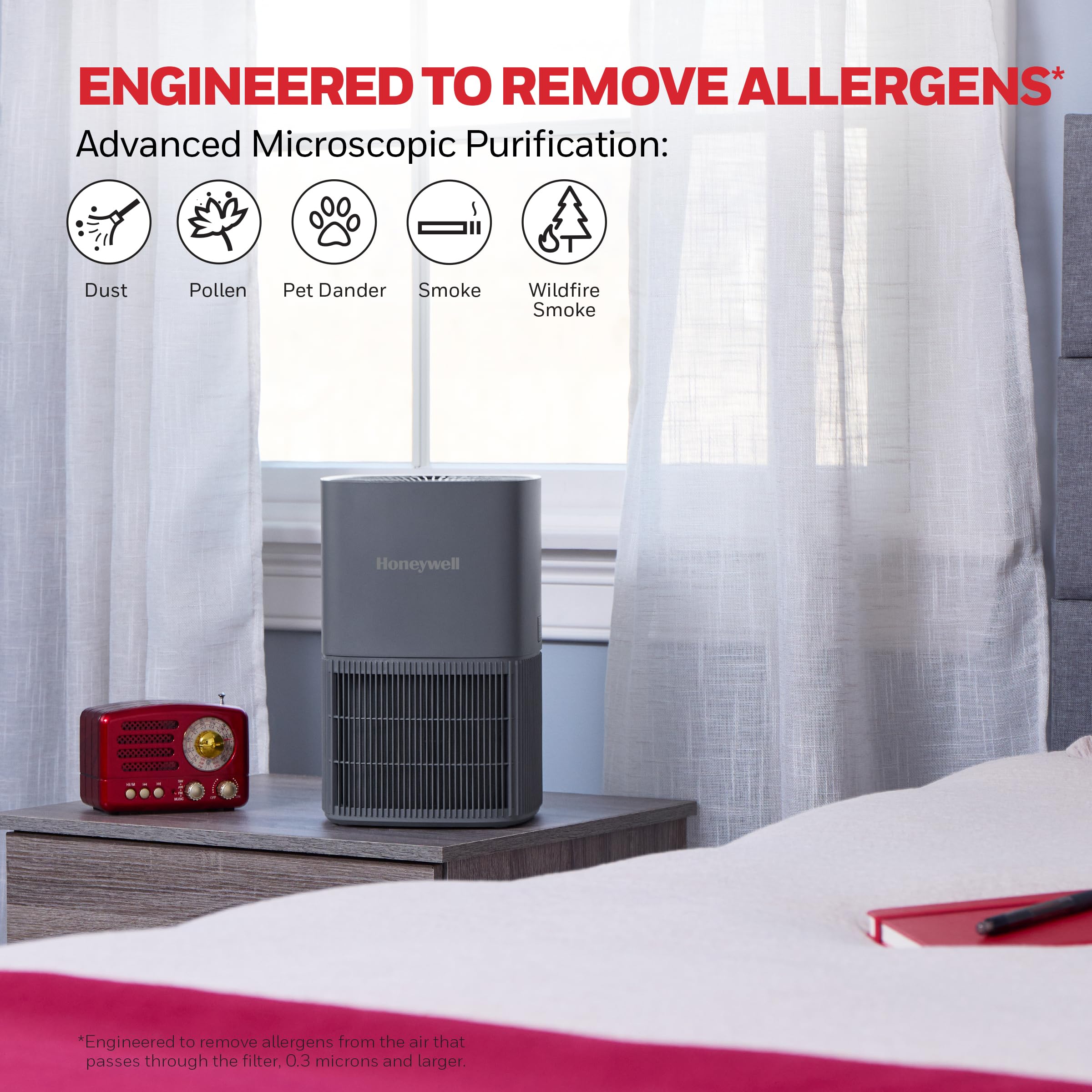 Honeywell Allergen Plus pre-filter traps hair and lint for easier maintenance.