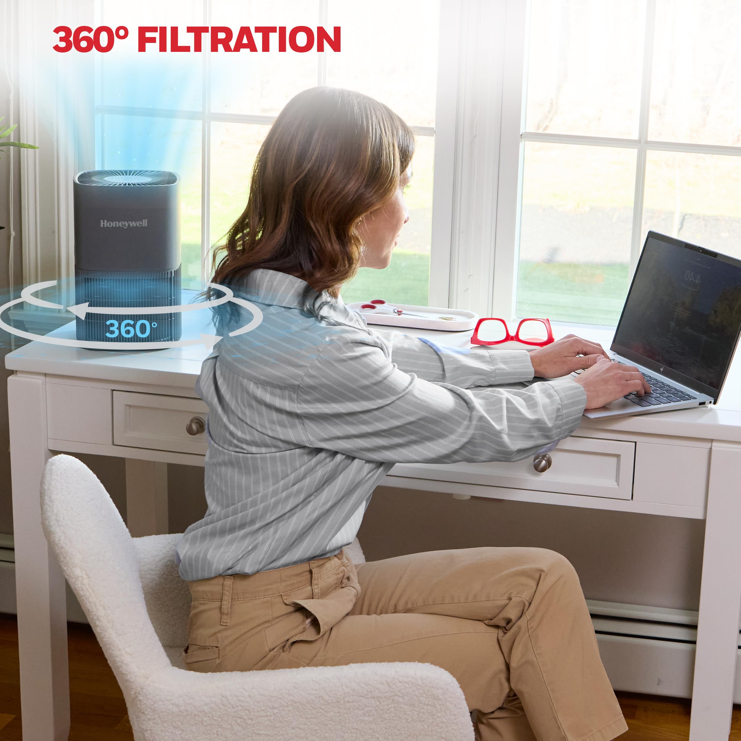 Honeywell Allergen Plus 530 sq ft coverage illustration for larger rooms.