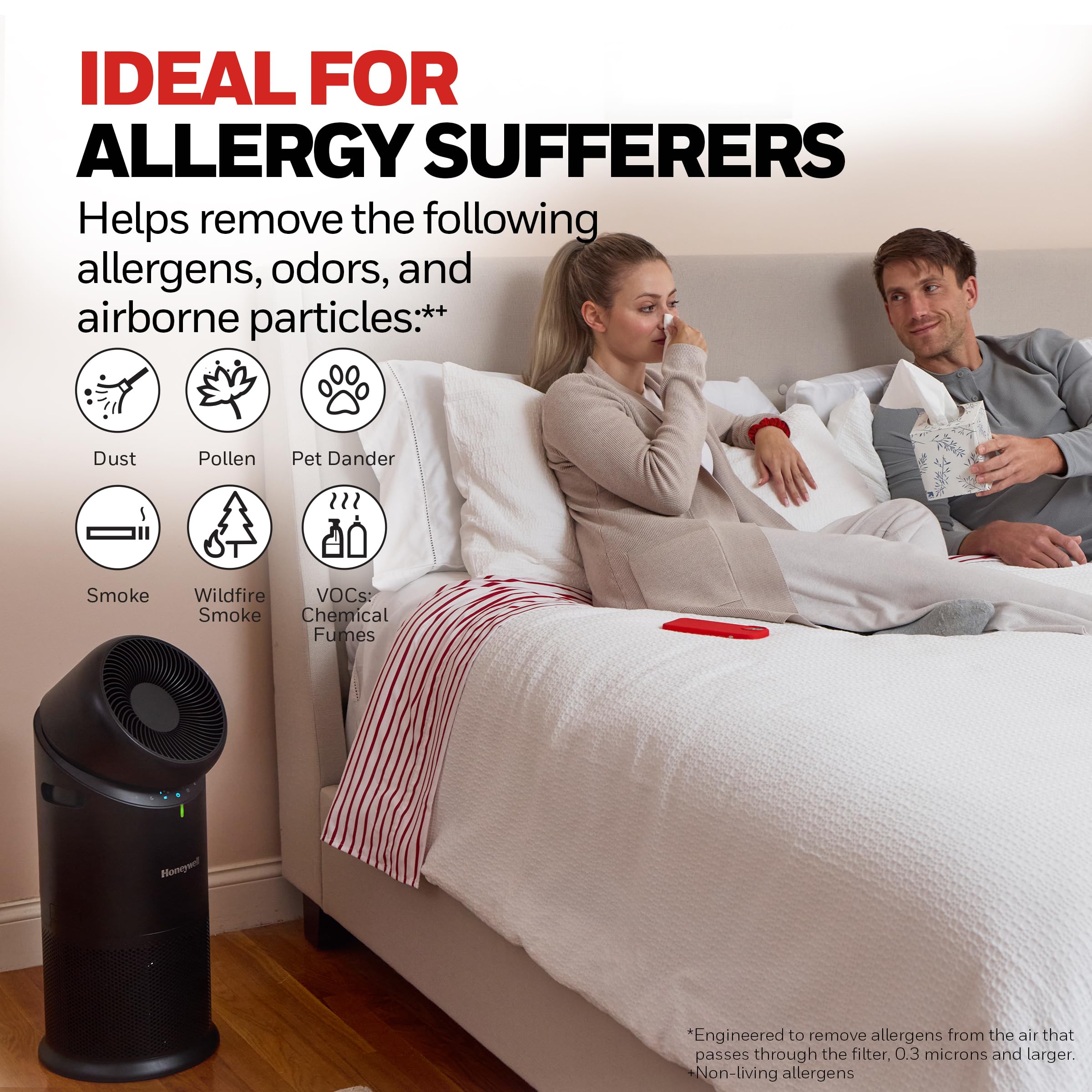 Honeywell Allergen Plus sleep mode dimming lights for nighttime use.