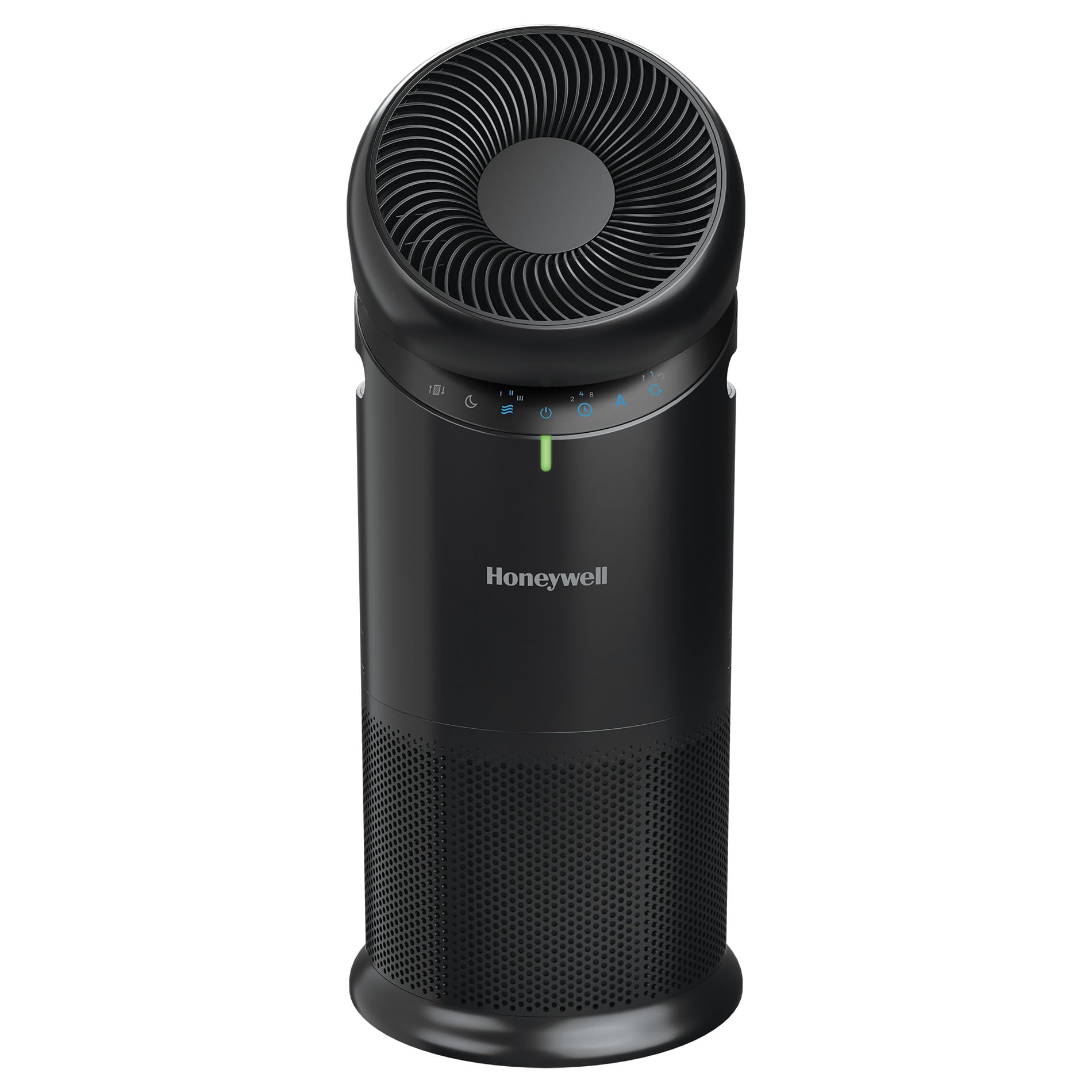 Honeywell Allergen Plus Turbo360 swivel fan circulating HEPA air in large rooms.
