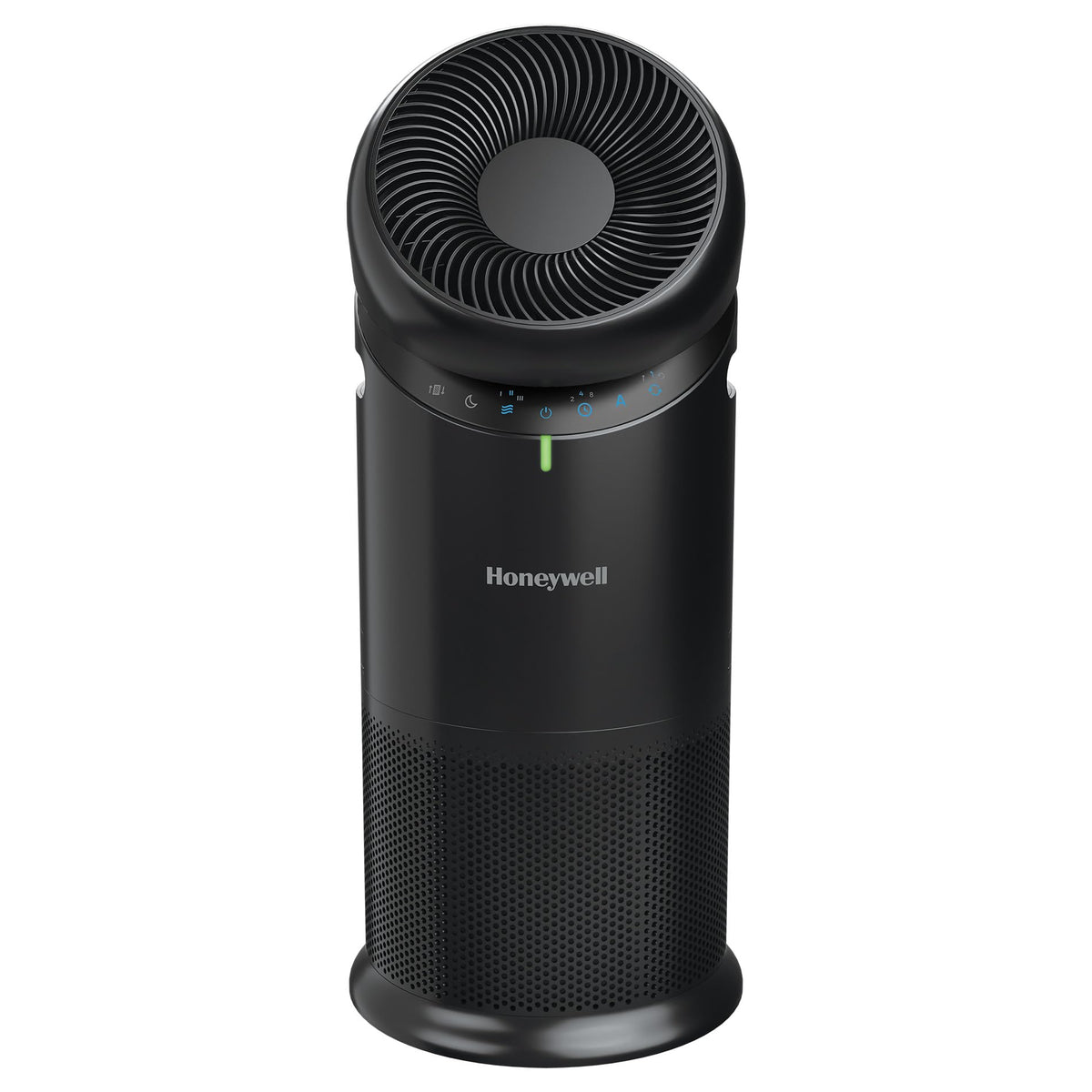 Honeywell Allergen Plus Turbo360 swivel fan circulating HEPA air in large rooms.