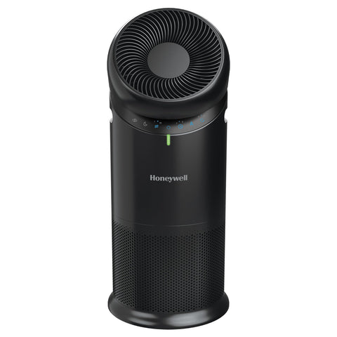 Honeywell Allergen Plus Turbo360 swivel fan circulating HEPA air in large rooms.