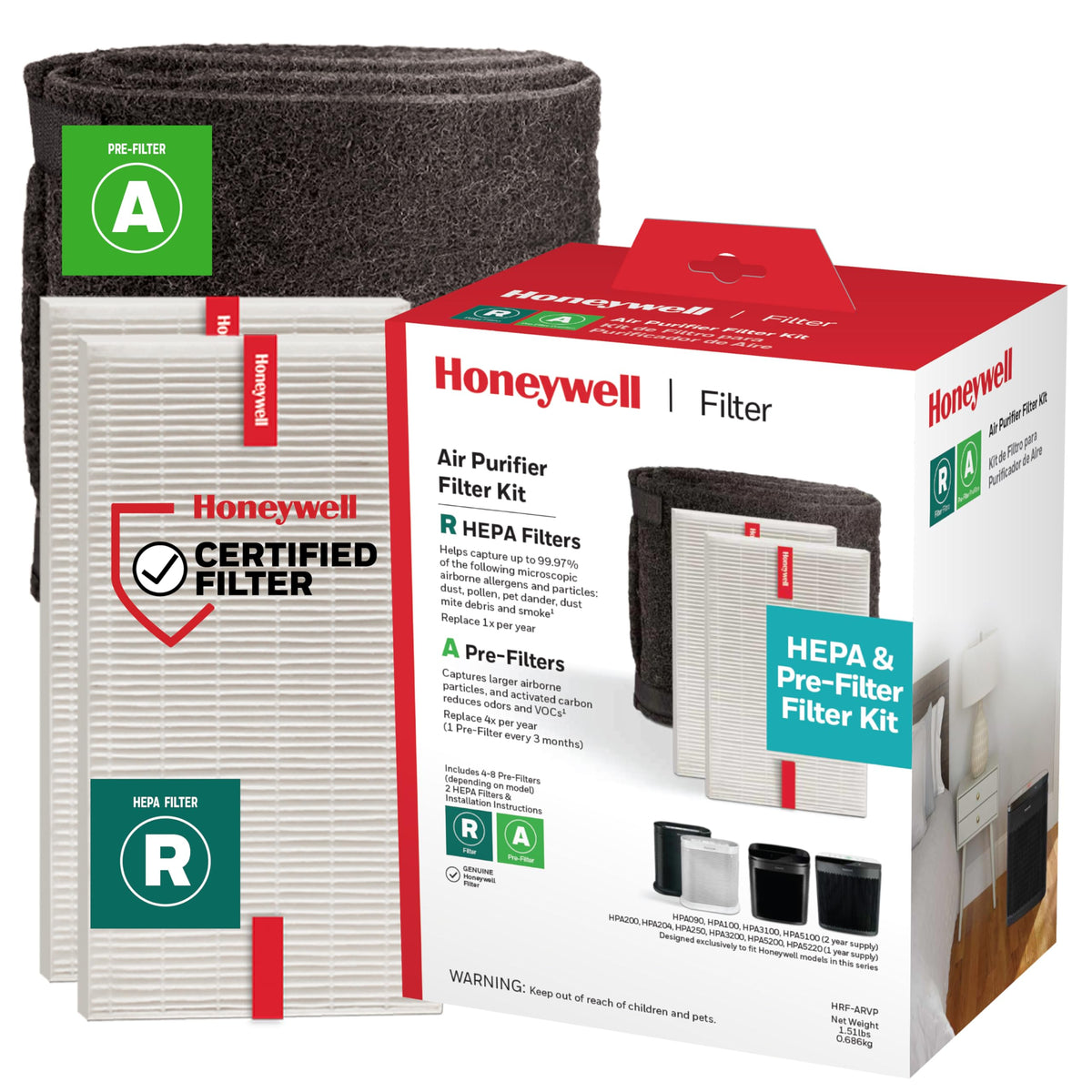 Honeywell filter kit with two R HEPA filters for micro-particle capture in home air.