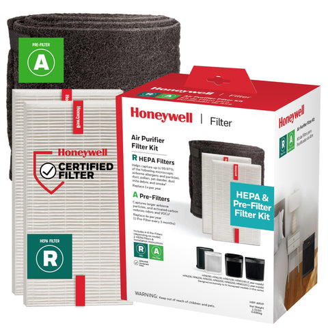 Honeywell filter kit with two R HEPA filters for micro-particle capture in home air.