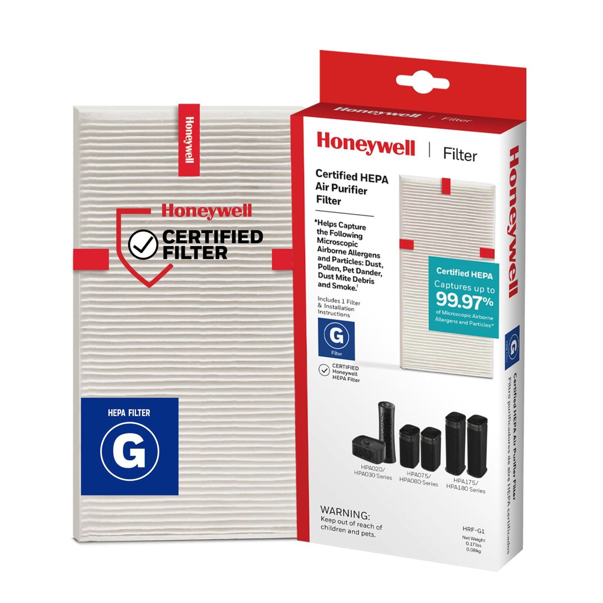 Honeywell HEPA Filter G front view in packaging highlights easy replacement
