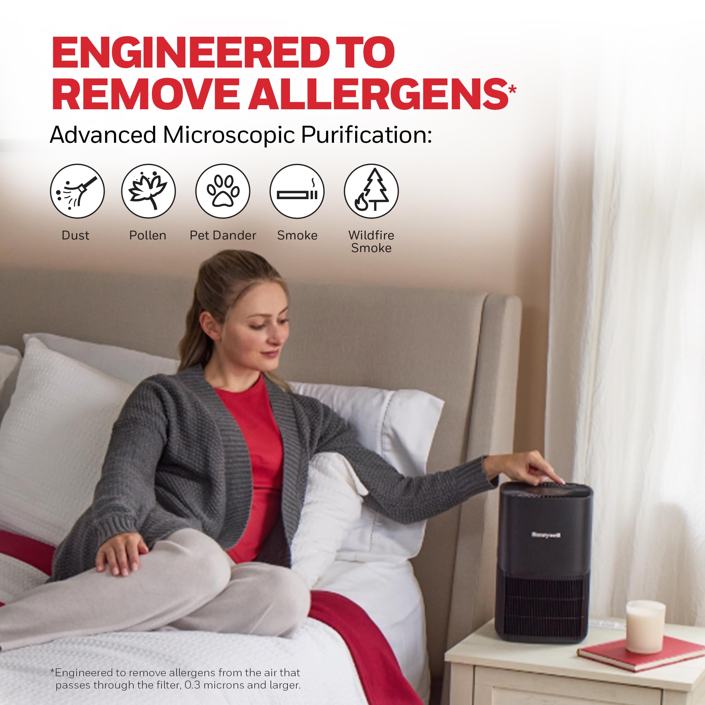 Honeywell O vacuum-cleanable pre-filter removes dust at the source.