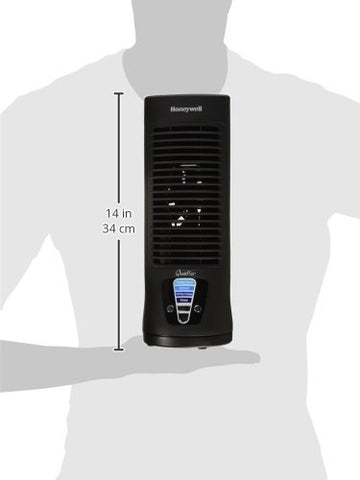 Compact Honeywell desk fan shown on a desk setup