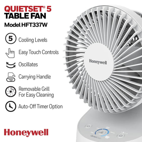 Honeywell QuietSet 5 oscillating table fan side view showing compact design
