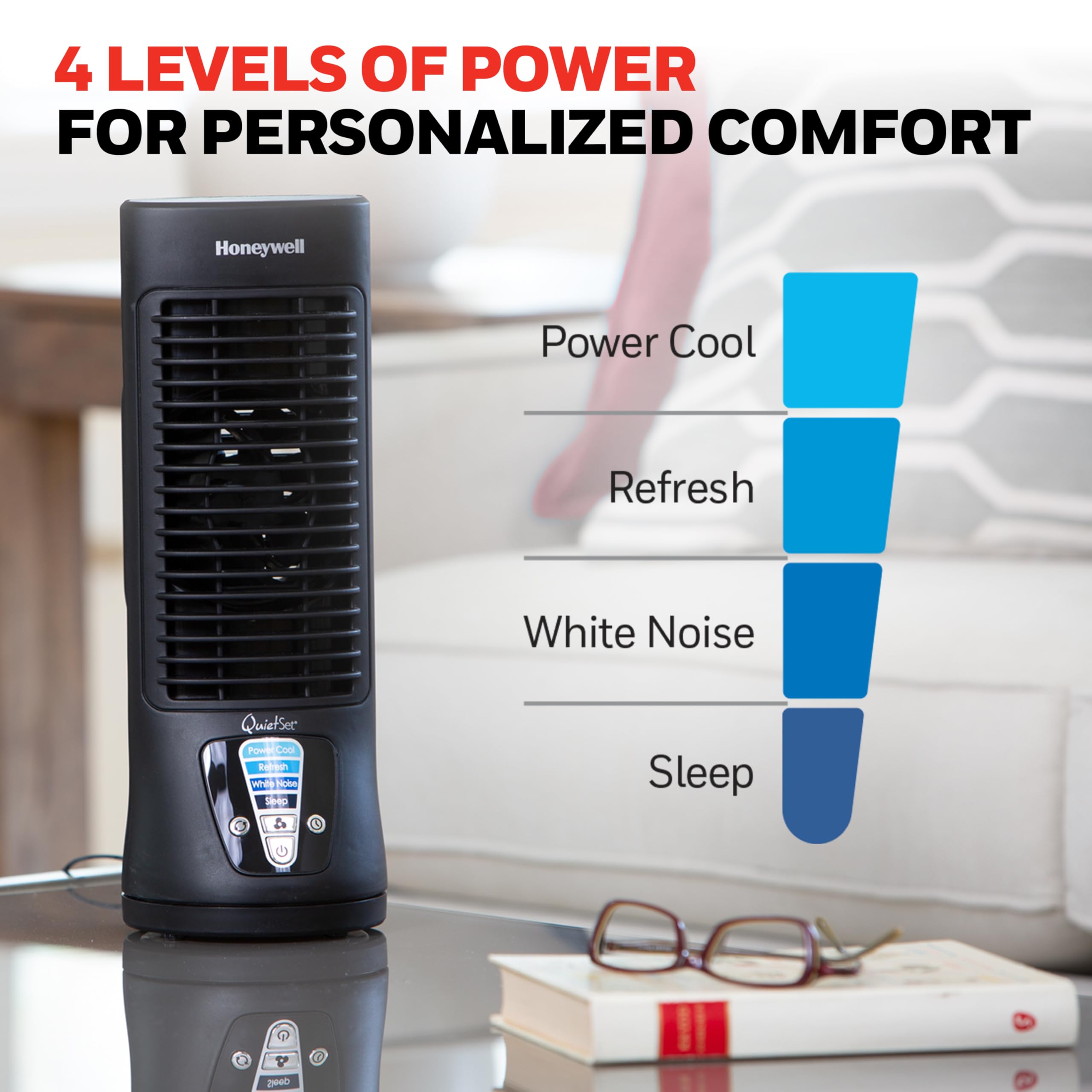 Honeywell QuietSet fan with four levels of power and sound for customizable cooling.