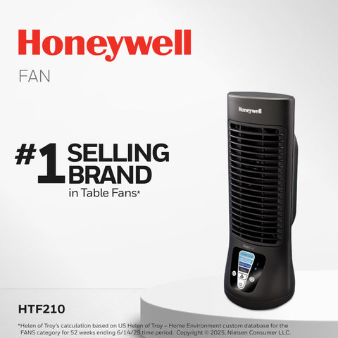 Honeywell QuietSet oscillating table fan tilting for targeted airflow and cool comfort.