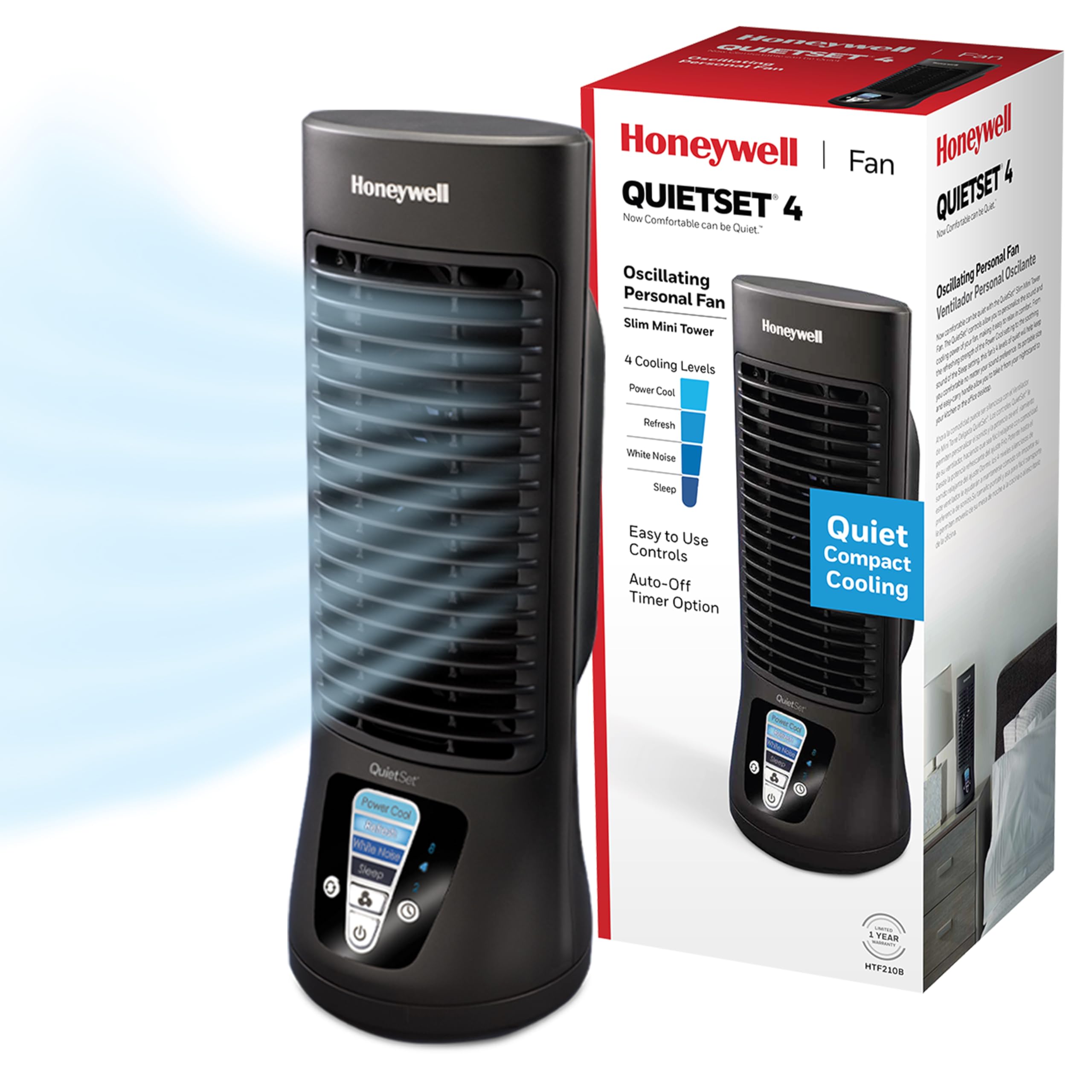 Honeywell QuietSet 13-inch personal fan on desk providing quiet cooling for focused work.