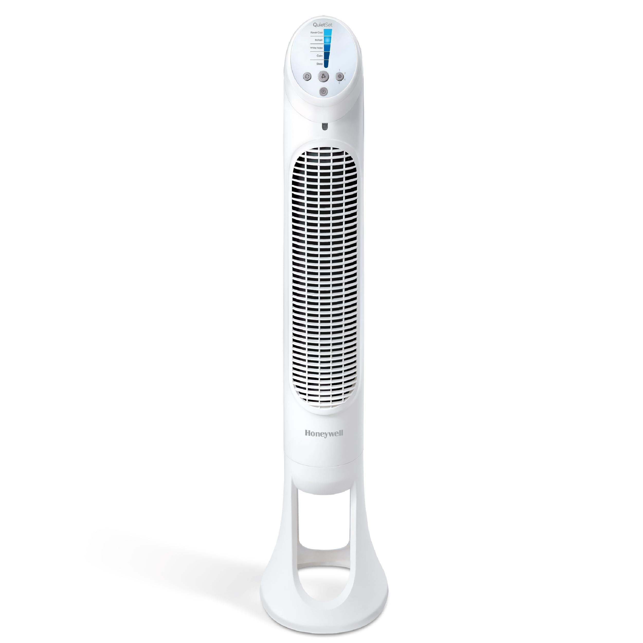 Honeywell QuietSet Tower Fan front view shows sleek white design for whole-room cooling